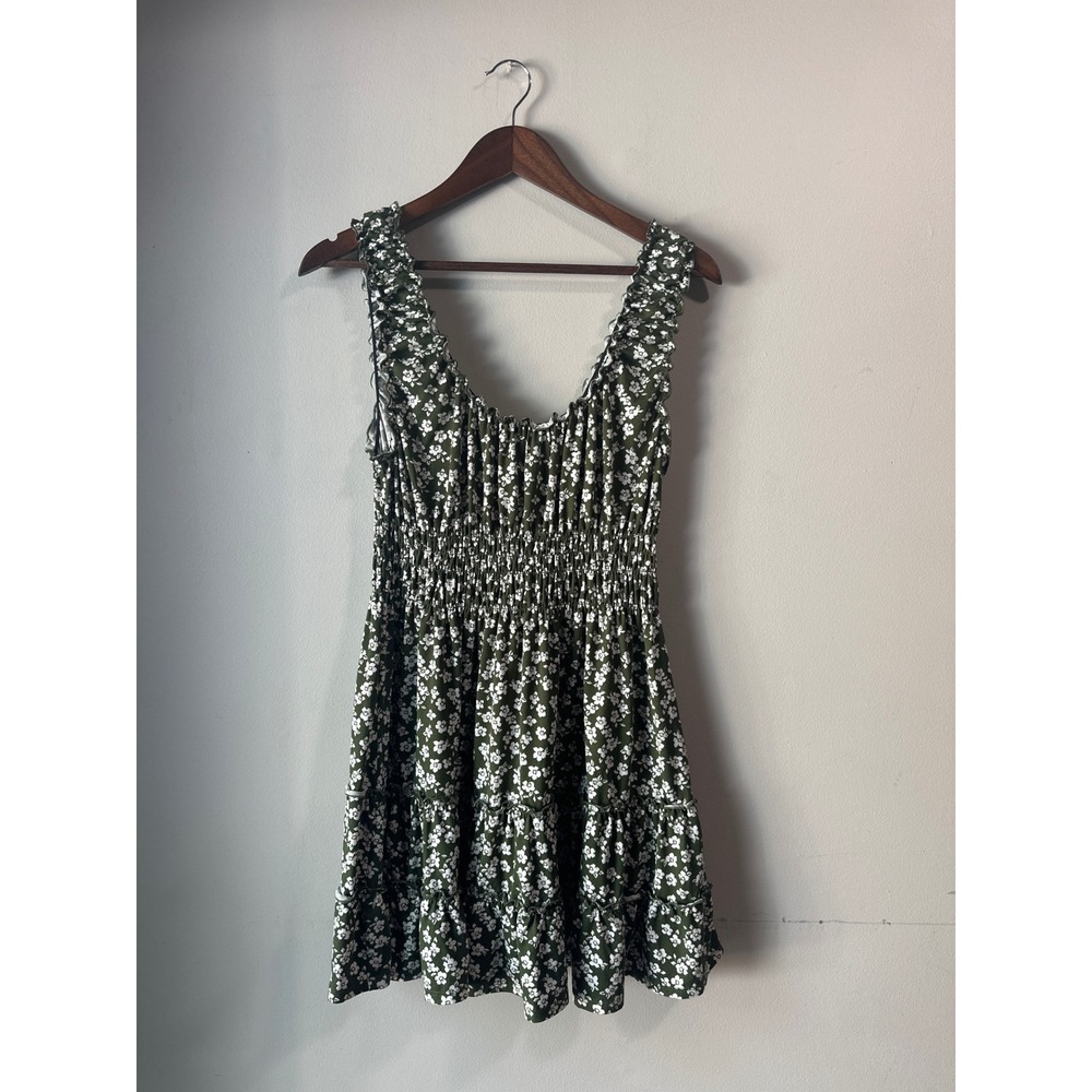 Urban Outfitters Olive Green Floral Smocked Ruffle Mini Dress Large Grunge Boho
